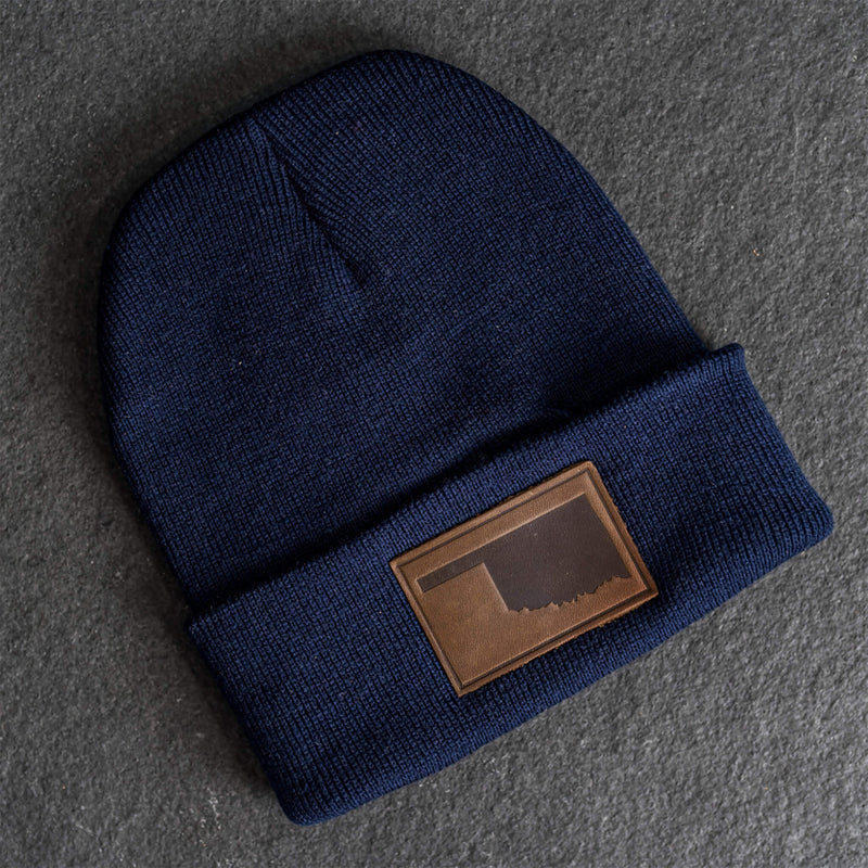 Beanie with Leather Patch Attached - Oklahoma Stamp
