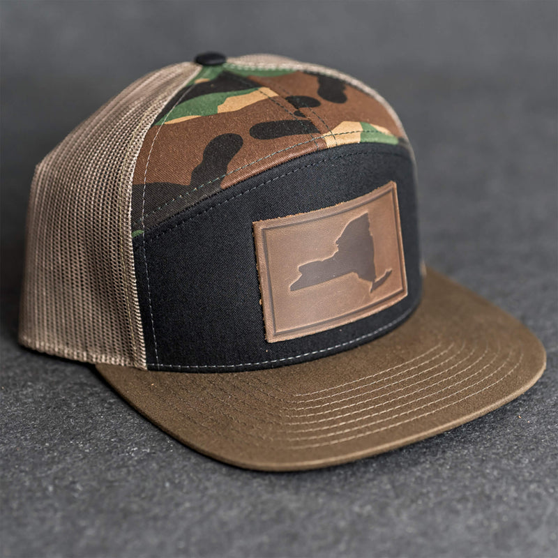 Leather Patch Flat Bill 7 Panel Trucker Hat - New York Stamp