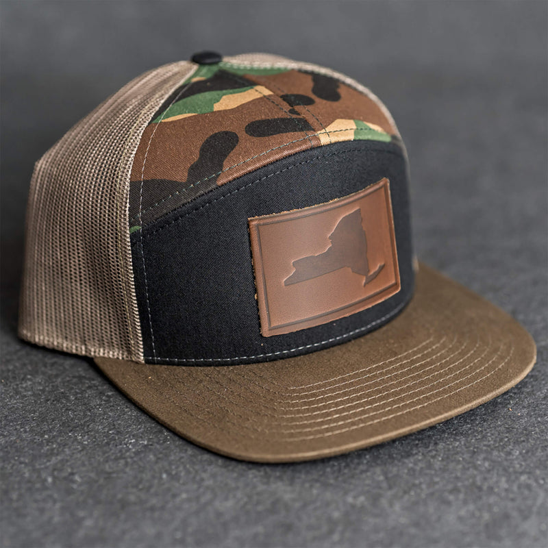 Leather Patch Flat Bill 7 Panel Trucker Hat - New York Stamp