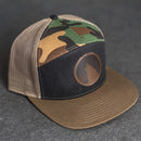 Leather Patch Flat Bill 7 Panel Trucker Hat - Wolf Stamp