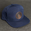 Leather Patch Flat Bill 7 Panel Perforated Performance Hat - Wolf Stamp