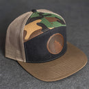 Leather Patch Flat Bill 7 Panel Trucker Hat - Wolf Stamp
