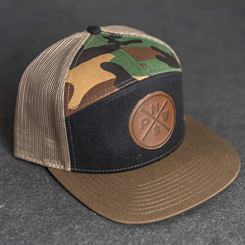 Leather Patch Flat Bill 7 Panel Trucker Hat - PNW Stamp