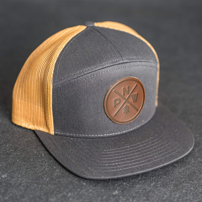 Leather Patch Flat Bill 7 Panel Trucker Hat - PNW Stamp