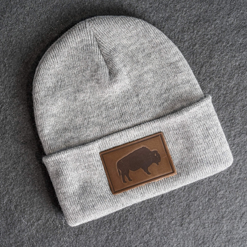 Beanie with Leather Patch Attached - Bison Stamp