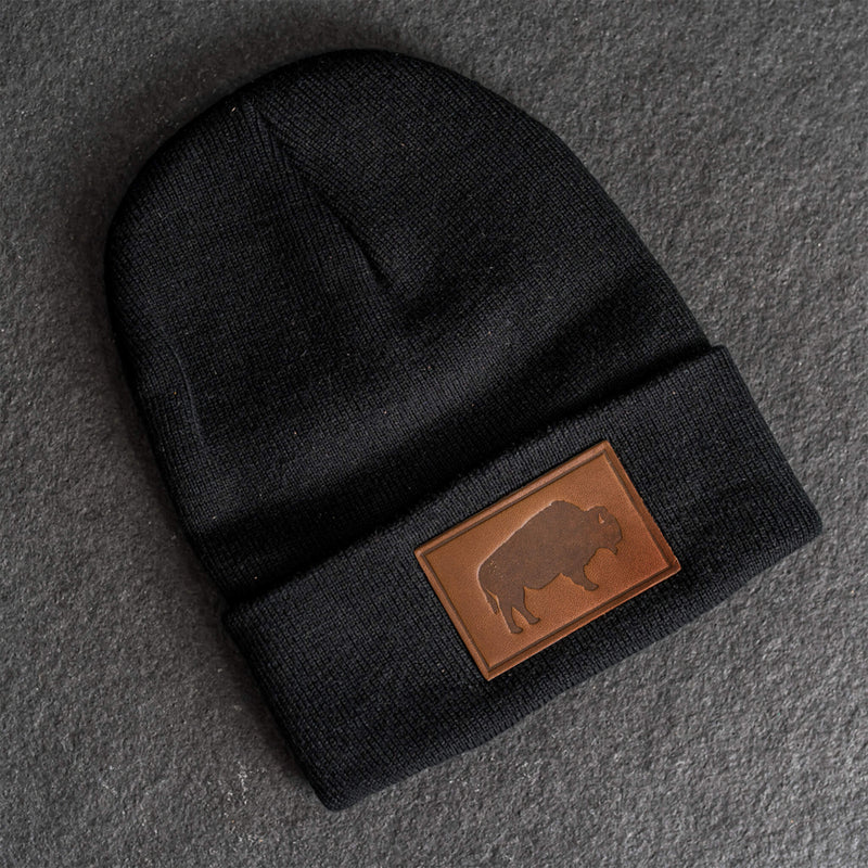 Beanie with Leather Patch Attached - Bison Stamp