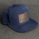 Leather Patch Flat Bill 7 Panel Perforated Performance Hat - American Flag Stamp