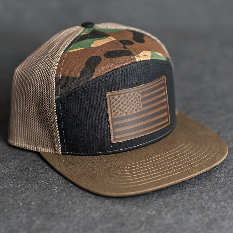 Leather Patch Flat Bill 7 Panel Trucker Hat - American Flag Stamp