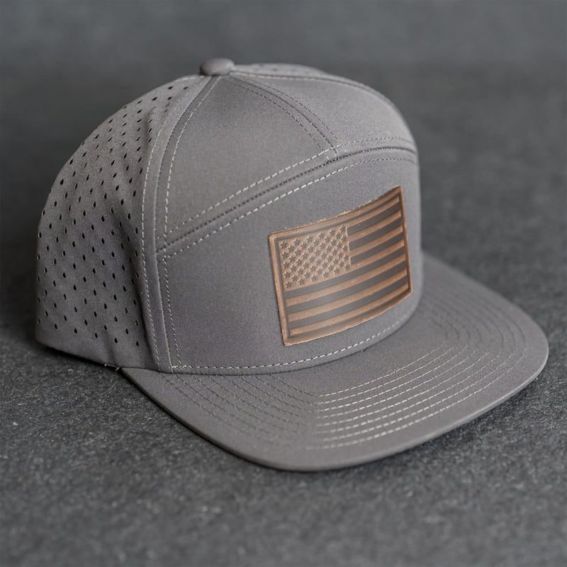 Leather Patch Flat Bill 7 Panel Perforated Performance Hat - American Flag Stamp