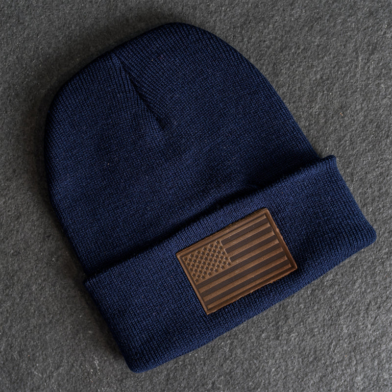 Beanie with Leather Patch Attached - American Flag Stamp
