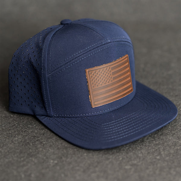 Leather Patch Flat Bill 7 Panel Perforated Performance Hat - American Flag Stamp