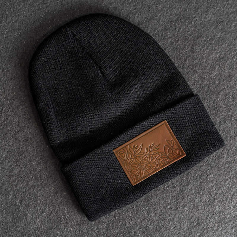Beanie with Leather Patch Attached - Floral Stamp