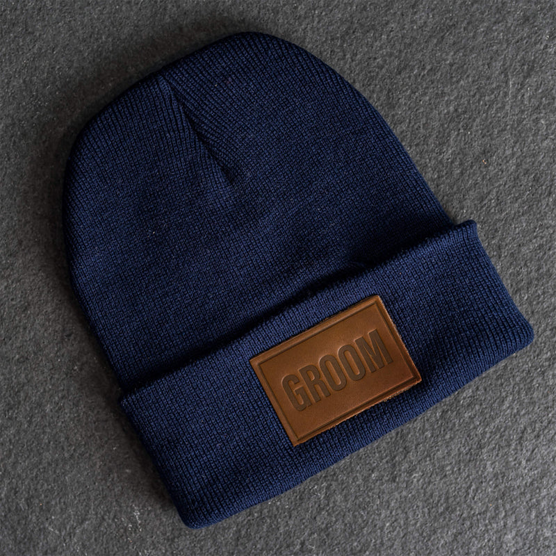 Beanie with Leather Patch Attached - Bride and Groom Stamp (Block)