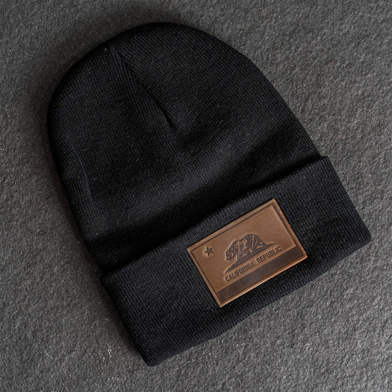Beanie with Leather Patch Attached - California Flag Stamp