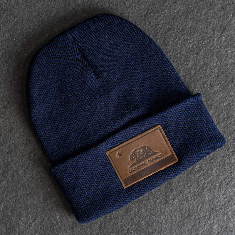 Beanie with Leather Patch Attached - California Flag Stamp