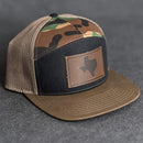 Leather Patch Flat Bill 7 Panel Trucker Hat - Texas Stamp