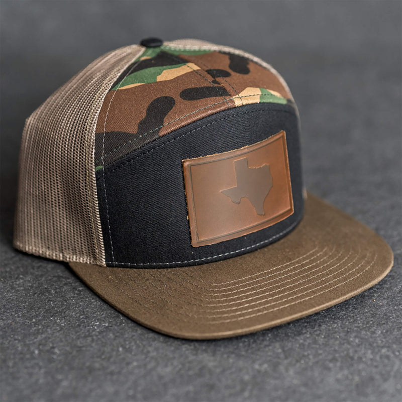 Leather Patch Flat Bill 7 Panel Trucker Hat - Texas Stamp