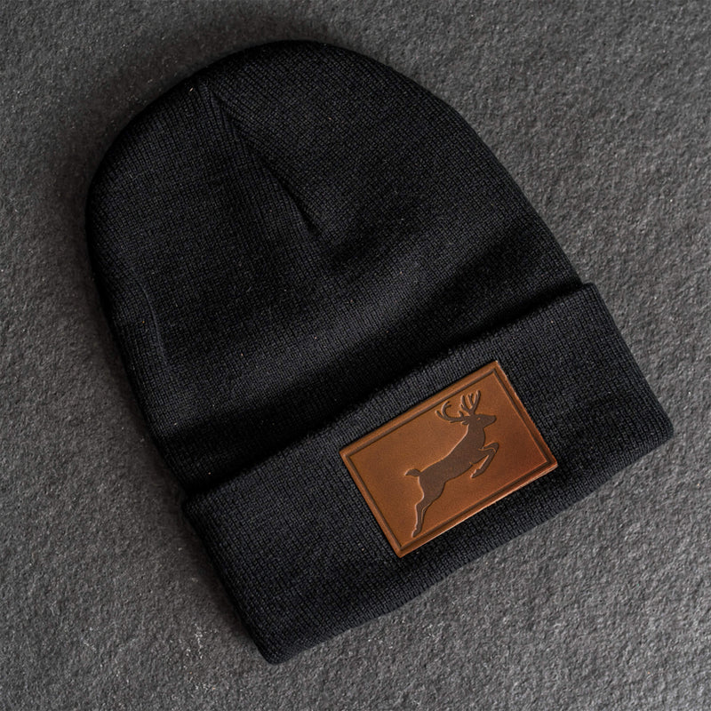 Beanie with Leather Patch Attached - Deer Stamp