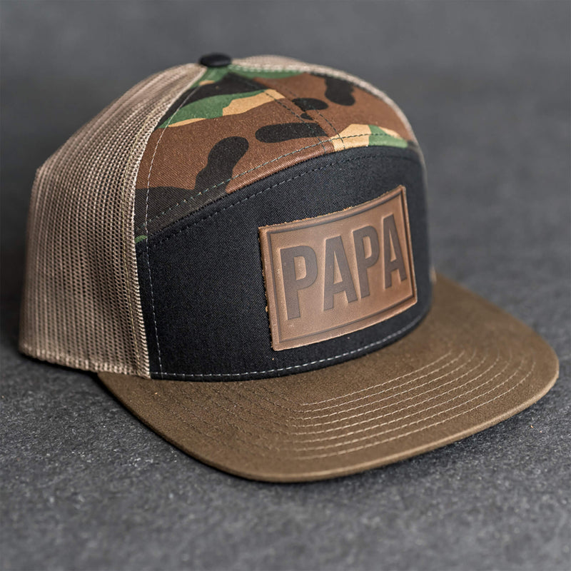 Leather Patch Flat Bill 7 Panel Trucker Hat - Papa Stamp
