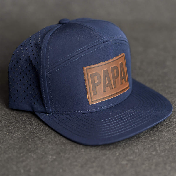 Leather Patch Flat Bill 7 Panel Perforated Performance Hat - Papa Stamp