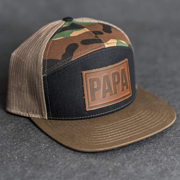Leather Patch Flat Bill 7 Panel Trucker Hat - Papa Stamp
