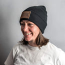 Beanie with Leather Patch Attached - Mom Stamp - Block Font