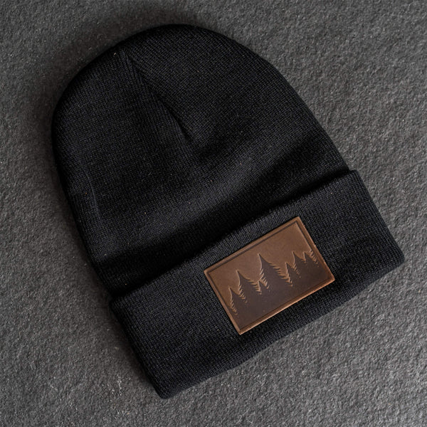 Beanie with Leather Patch Attached - Pine Tree Ridgeline Stamp