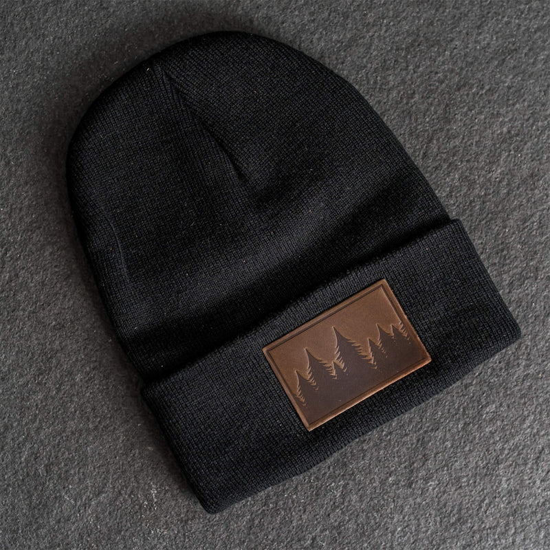 Beanie with Leather Patch Attached - Pine Tree Ridgeline Stamp