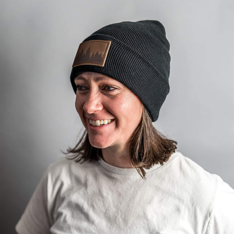 Beanie with Leather Patch Attached - Pine Tree Ridgeline Stamp