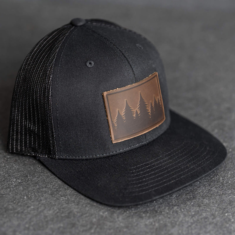 Leather Patch Trucker Style Hat - Pine Tree Ridgeline Stamp