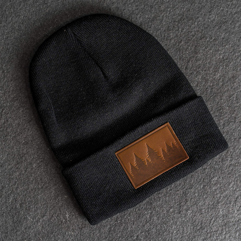 Beanie with Leather Patch Attached - Pine Tree Ridgeline Stamp