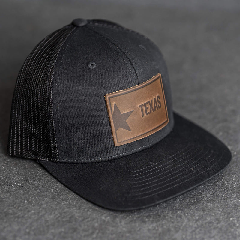 Leather Patch Trucker Style Hat - Texas License Plate Stamp