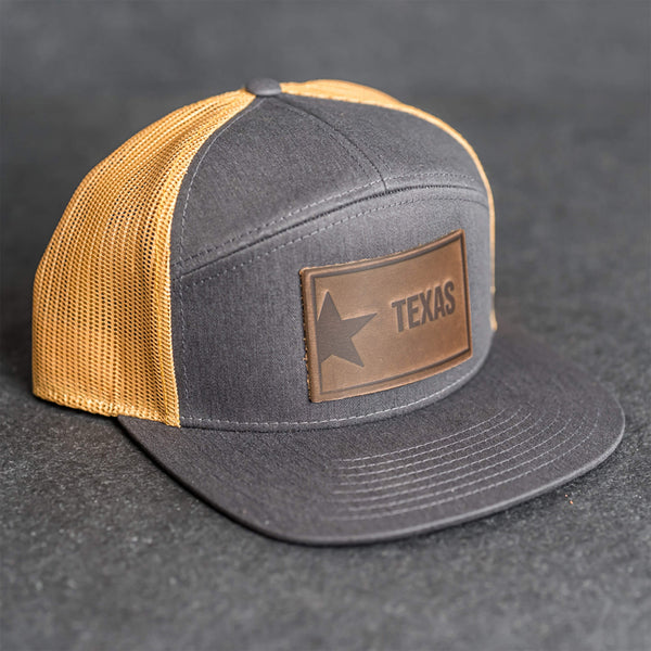 Leather Patch Flat Bill 7 Panel Trucker Hat - Texas License Plate Stamp