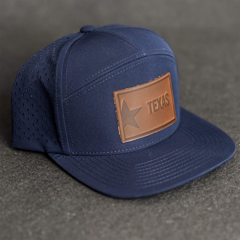 Leather Patch Flat Bill 7 Panel Perforated Performance Hat - Texas License Plate Stamp