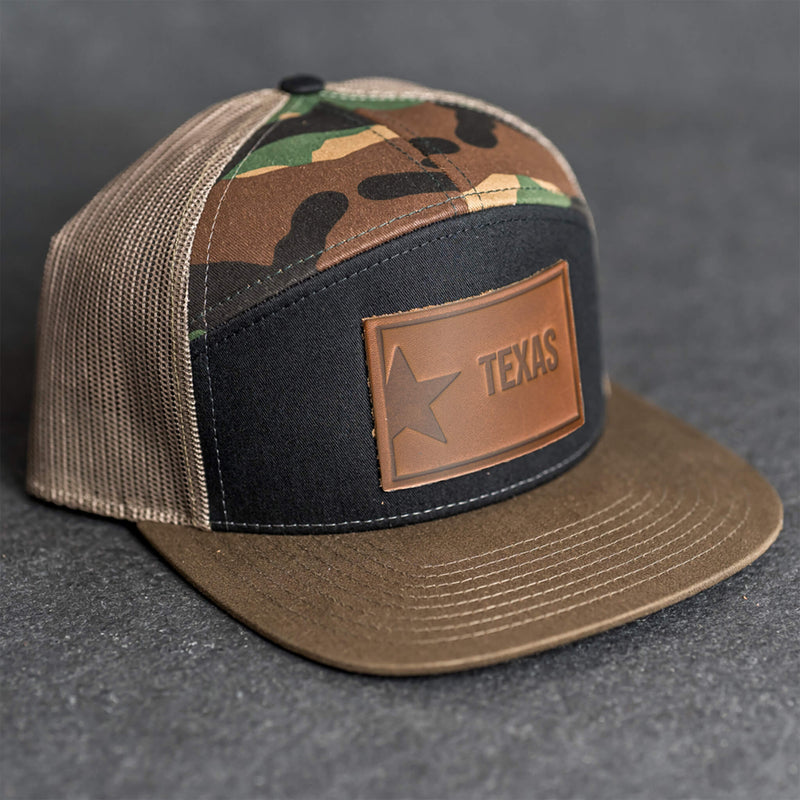 Leather Patch Flat Bill 7 Panel Trucker Hat - Texas License Plate Stamp