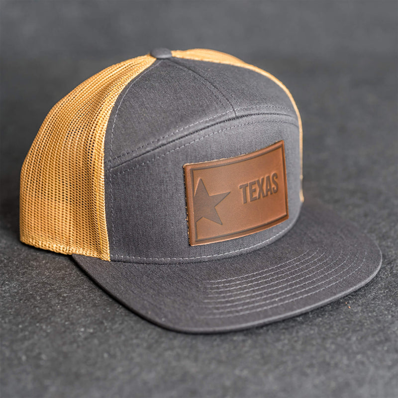 Leather Patch Flat Bill 7 Panel Trucker Hat - Texas License Plate Stamp