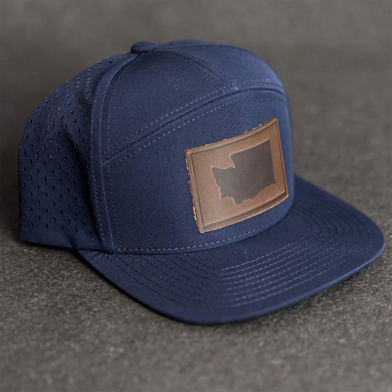 Leather Patch Flat Bill 7 Panel Perforated Performance Hat - Washington Stamp