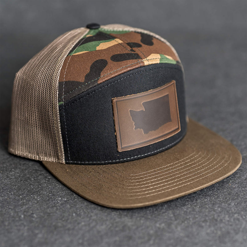 Leather Patch Flat Bill 7 Panel Trucker Hat - Washington Stamp