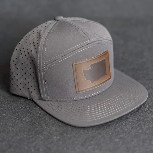 Leather Patch Flat Bill 7 Panel Perforated Performance Hat - Washington Stamp