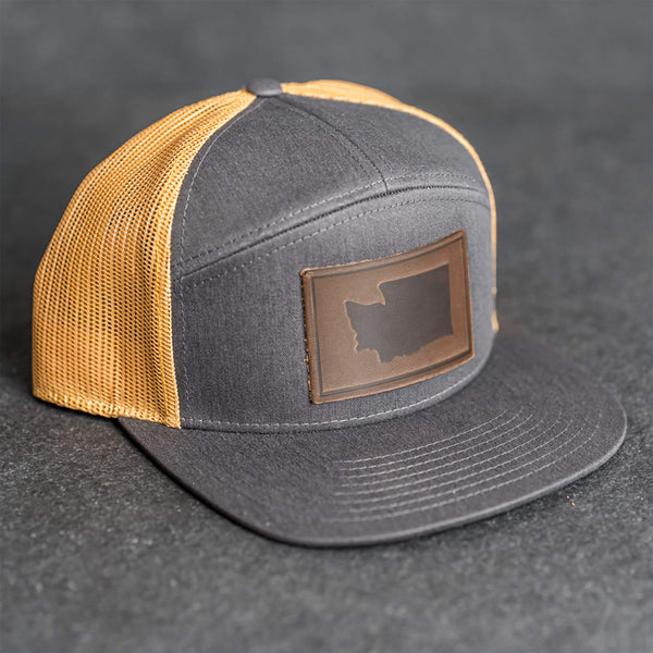 Leather Patch Flat Bill 7 Panel Trucker Hat - Washington Stamp