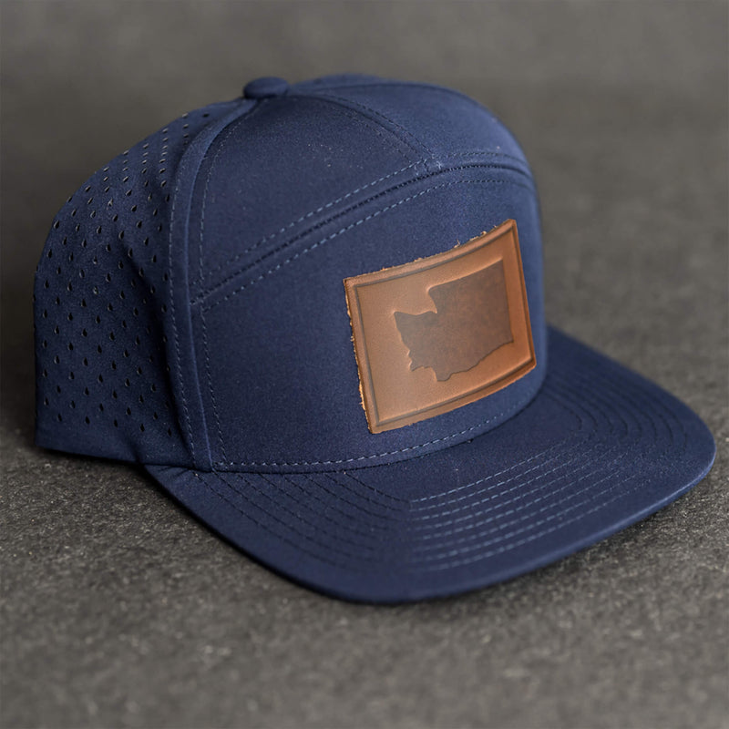 Leather Patch Flat Bill 7 Panel Perforated Performance Hat - Washington Stamp