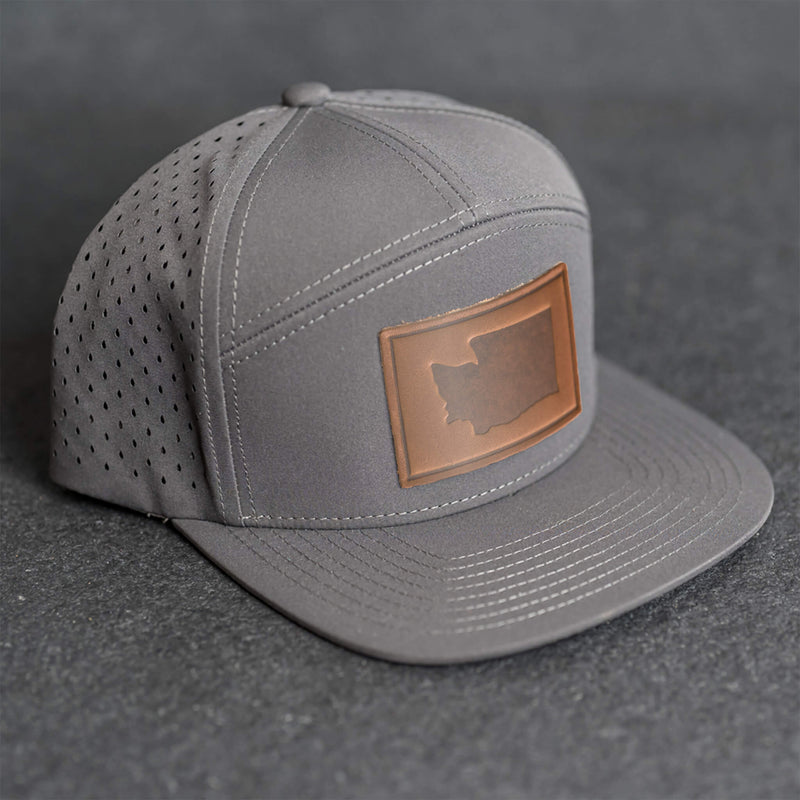 Leather Patch Flat Bill 7 Panel Perforated Performance Hat - Washington Stamp