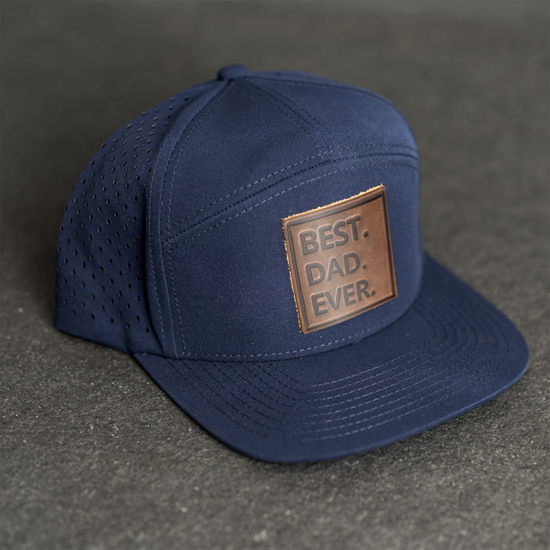 Leather Patch Flat Bill 7 Panel Perforated Performance Hat - Best Dad Ever Stamp