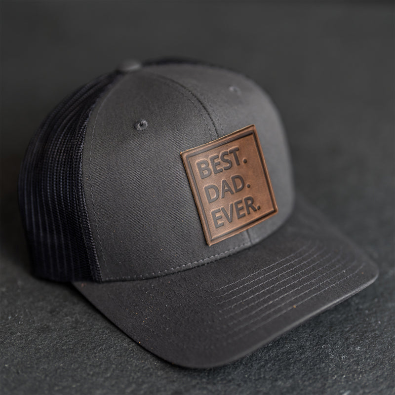 Leather Patch Trucker Style Hat - Best Dad Ever Stamp