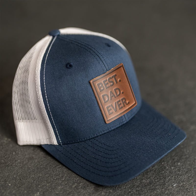 Leather Patch Trucker Style Hat - Best Dad Ever Stamp