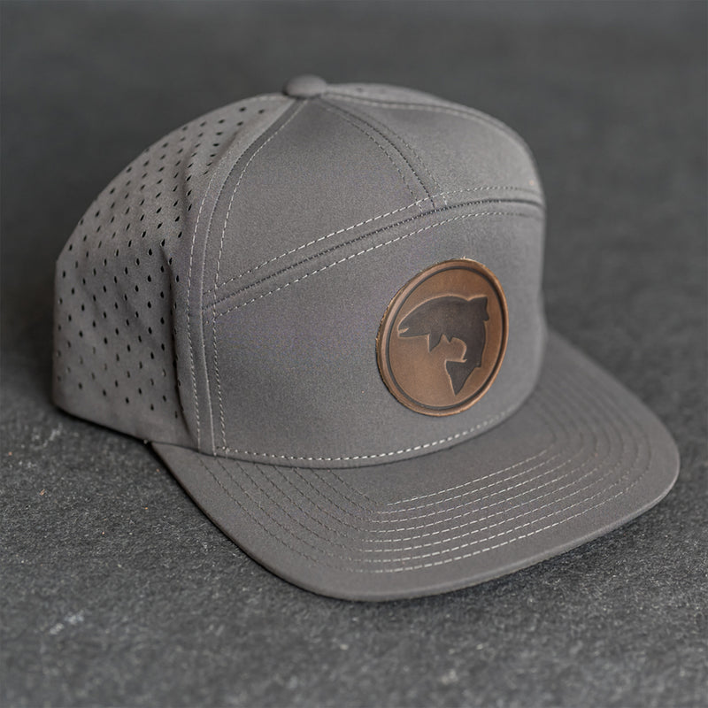 Leather Patch Flat Bill 7 Panel Perforated Performance Hat - Circle Patch - Fish Stamp