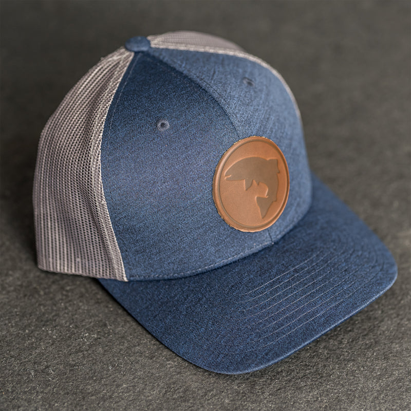 Leather Patch Performance Style Trucker Hat - Circle Patch - Fish Stamp