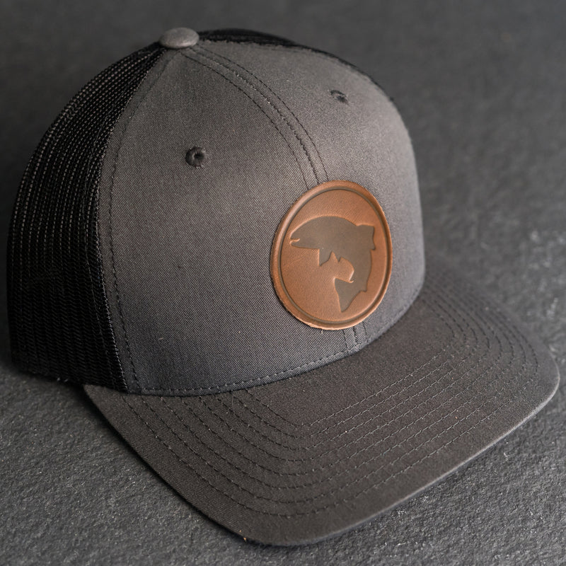 Leather Patch Trucker Style Hat - Circle Patch - Fish Stamp