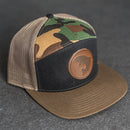 Leather Patch Flat Bill 7 Panel Trucker Hat - Circle Patch - Fish Stamp