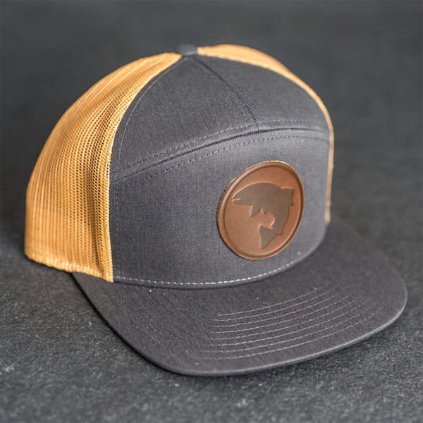Leather Patch Flat Bill 7 Panel Trucker Hat - Circle Patch - Fish Stamp